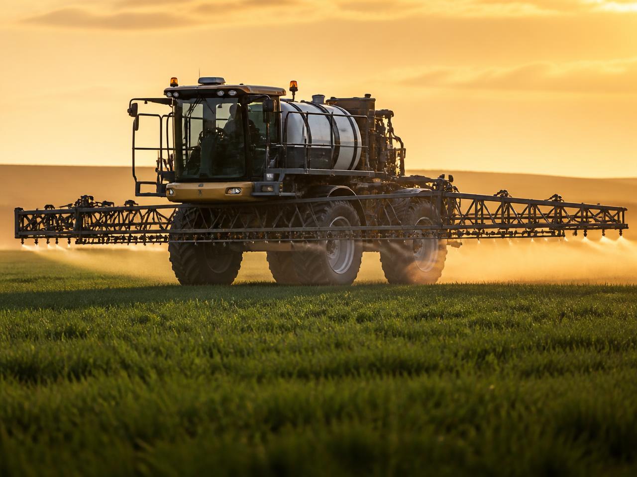 Self-propelled crop sprayer with extended booms treating a green field at golden hour